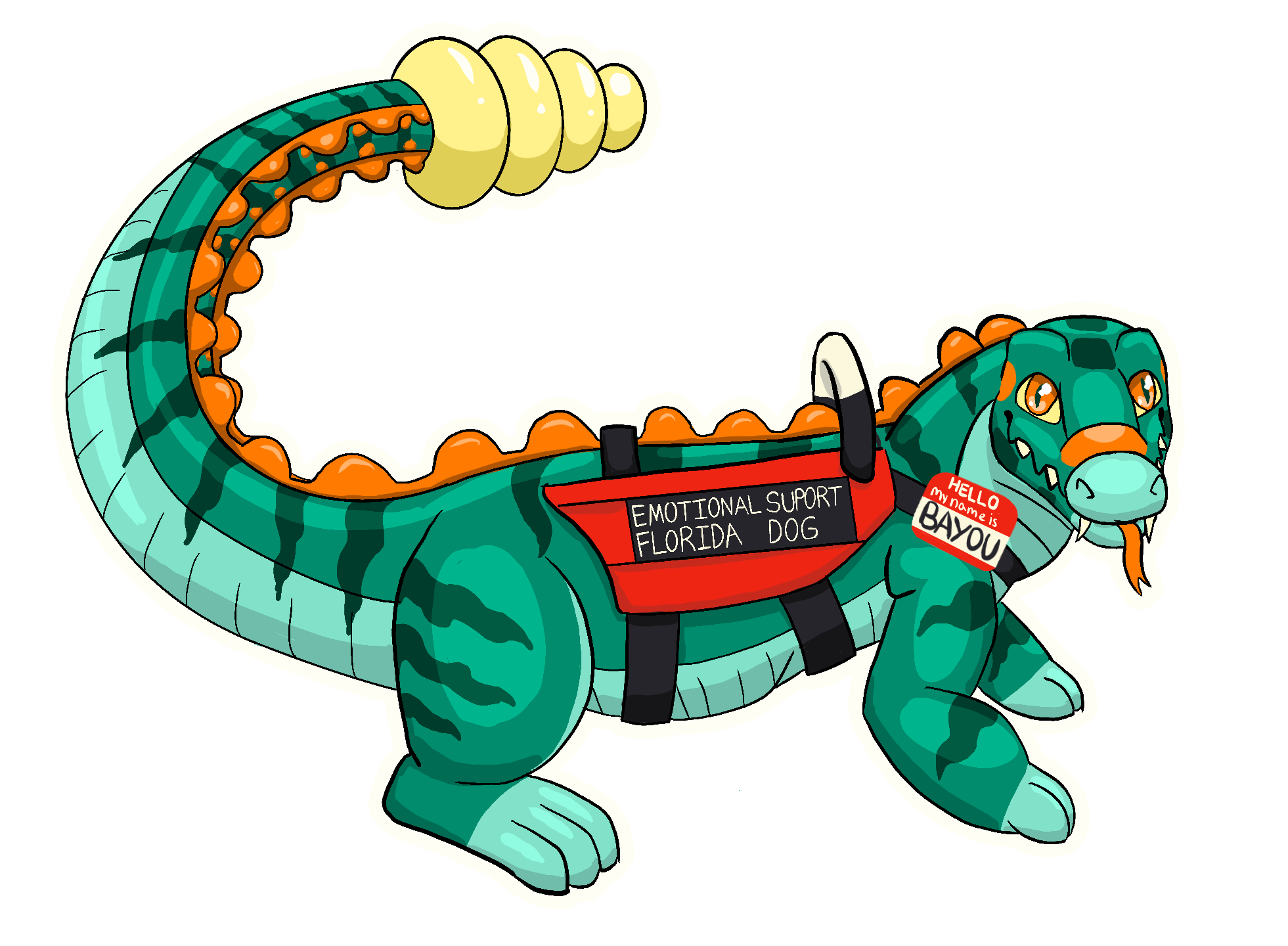 Green cartoon alligator with a emotional support animal vest that says 'Emotional Support Florida dog' and a bage that says 'Hello my name is bayou' on it. He has a snake like tongue and teeth and a long snake like tail with a rattle on the end.